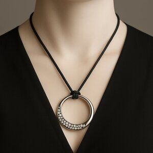 Swarovski Crystal Circle Pendant Necklace  Sterling Silver Overlay & Black Cord